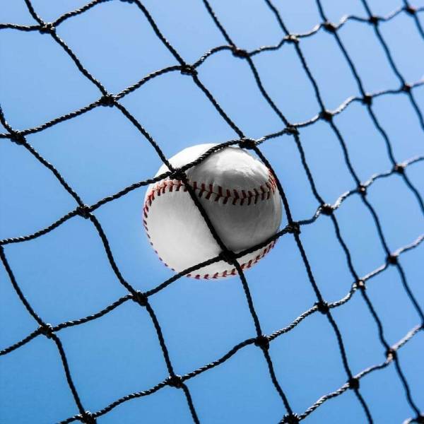 A baseball is hitting on the baseball cage net.