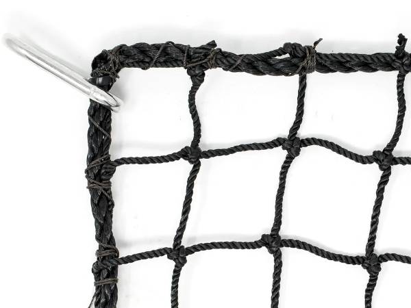 Black nylon knotted baseball cage net on a white background