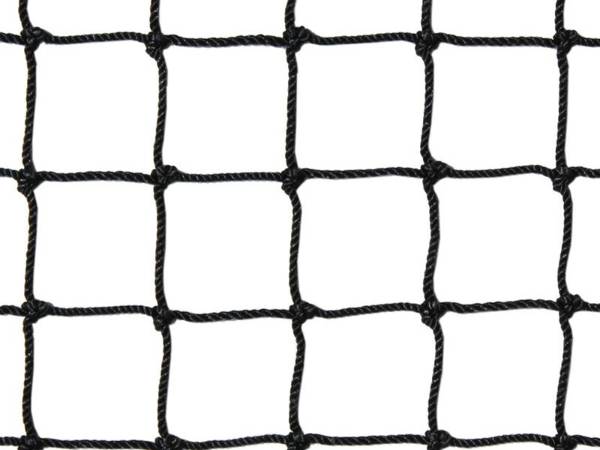 Black nylon knotted hammer-discus cage net on a white background