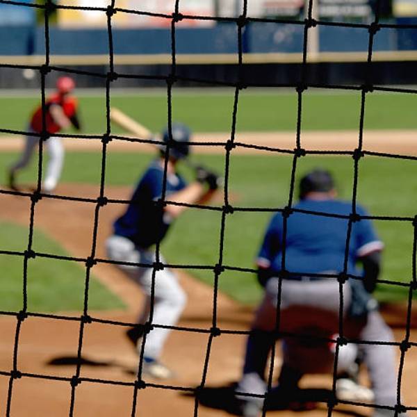 Some players are playing the baseball in the sports perimeter net.